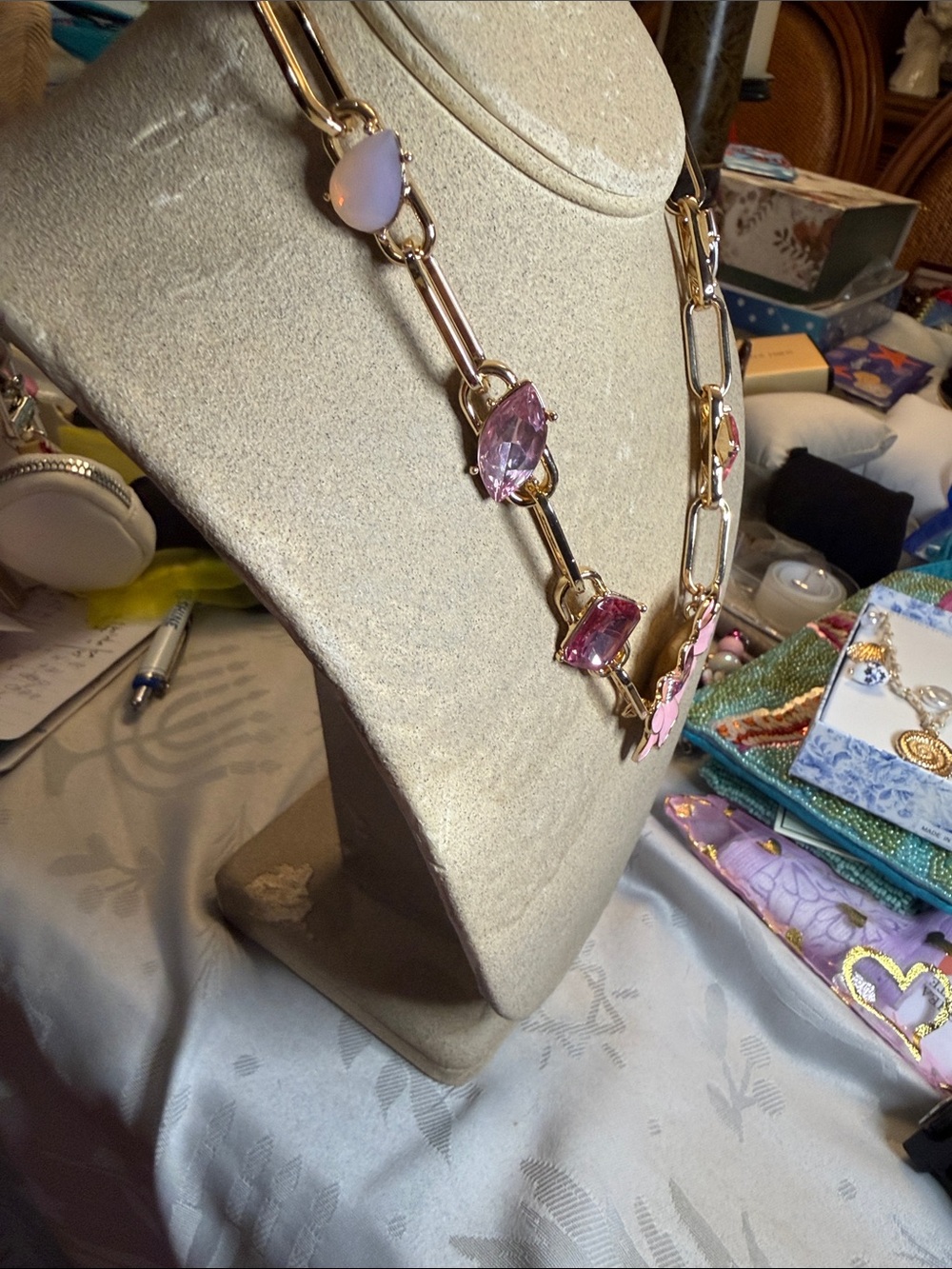 Gold Chain Pink Flower Pendant Necklace - Women's Jewelry - Picture 4 of 7